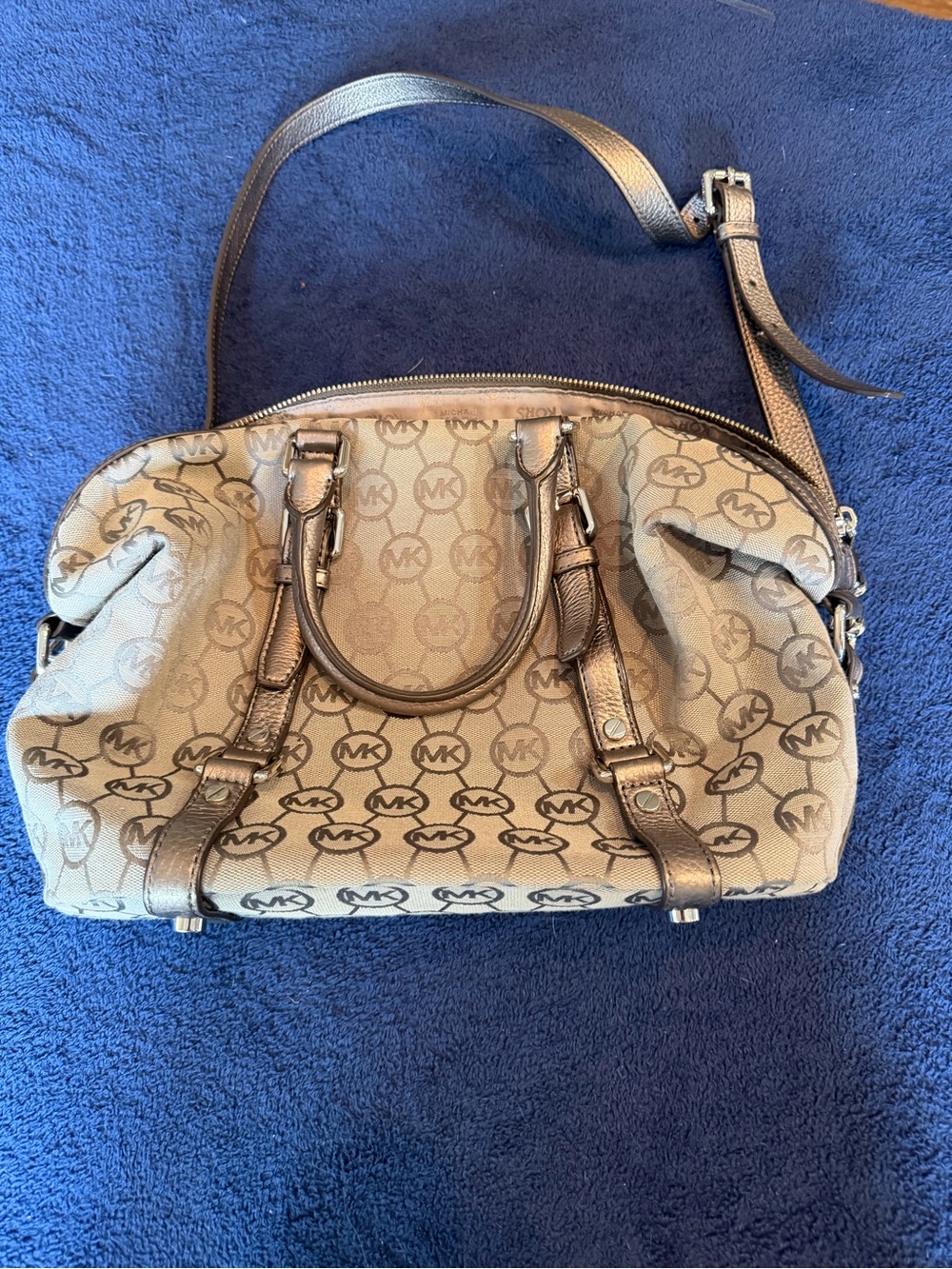 Michael Kors Beige Monogram Satchel with Bronze Trim